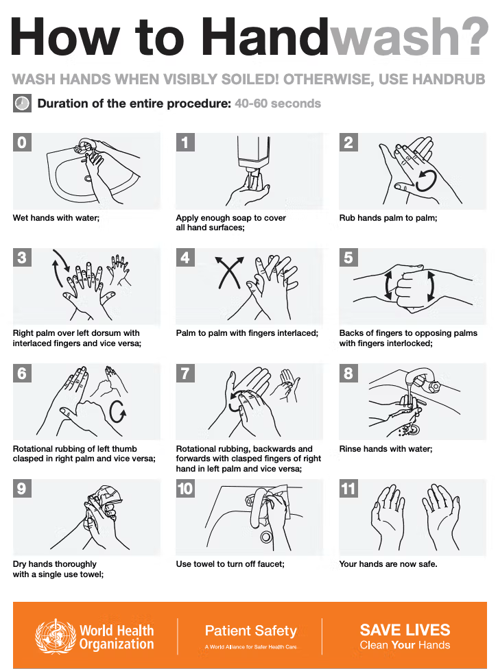 Infographic showing 8 illustrated steps for handwashing with soap and water, including rubbing palms, backs of hands, fingers, thumbs, and tips, followed by rinsing and drying. WHO and SAVE LIVES campaign logos are at the bottom.